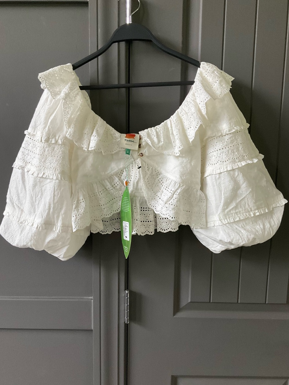 FARM Rio White Eyelet Ruffle Peasant Crop Top